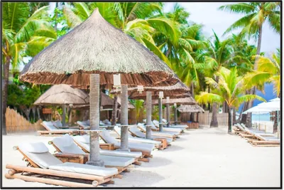 Produktbild von Wallario Wandbild Weißer Sandstrand mit Liegen, Größe: 61 x 91,50 cm, Poster mit schwarzem Aluminiumrahmen