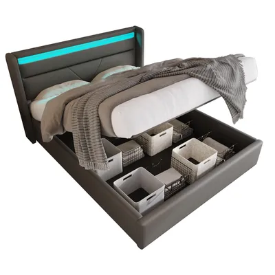 Produktbild von okwish Polstebett 140x200cm Doppelbett mit hydraulischem Stauraum,Bettgestell mit Lattenrost, Bettkasten und LED-Beleuchtung, Grau (ohne Matratze)