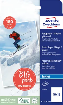 Produktbild von Avery Zweckform C2570-100 Everyday Inkjet Fotopapier, 10x15, einseitig beschichtet, 180 g/m², 100 Blatt
