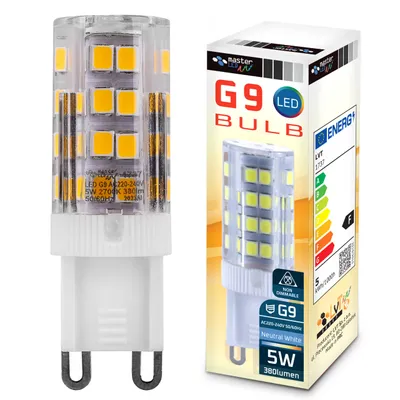 A product shot of an LED bulb and its packaging.