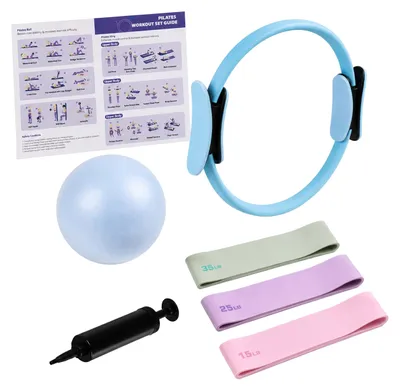 Zdjęcie produktu dla Zestaw do pilatesu Relaxdays, 6 elementów, w tym: koło, piłka z pompą, gumy oporowe o 3 stopniach wytrzymałości, akcesoria do pilatesu do użytku domowego, kolor niebieski, Obraz wygenerowany przez AI