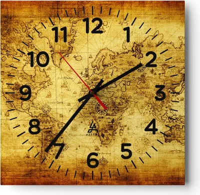 Produktbild von Wanduhr - Quadrat - Glasuhr - Karte Welt Kontinente - 30x30cm - Schleichendes Uhrwerk - Lautlos - zum Aufhängen bereit - Dekoration Modern - Wanddekoration aus Glas - C4AC30x30-0127