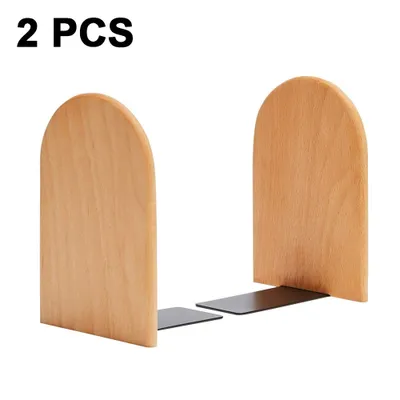 Two wooden bookends with black bases.