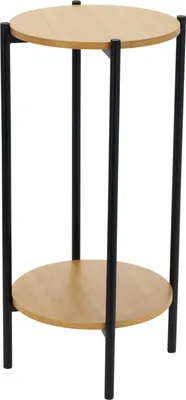 A two-tiered round side table with a light wood top and black metal legs, presented against a white background.