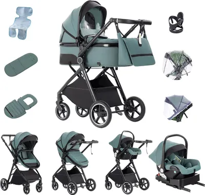 Produktbild von Kinderwagen, Vielseitiges Design, Einfaches Falten, V8 BLAU GRÜN MIT ISOFIX-BASIS
