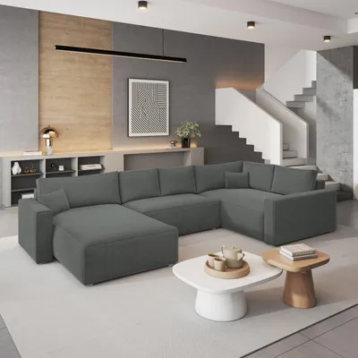 Produktbild von Masseno Ecksofa VELAMI R-S mit Schlaffunktion U-Form, Sofa mit Bettkasten, Wohnzimmersofa, Couch, Soffa, Bettsofa, Couchgarnitur- Grau, MONOLITH 85