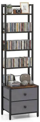 Produktbild von COSTWAY Bücherregal mit 5 Regalen & 2 Stoffschubladen, Leiterregal mit verstellbarer Buchstütze & Metallrahmen, Aufbewahrungsregal, Standregal