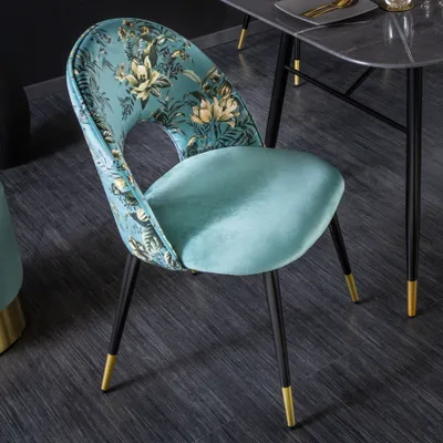 Produktbild von riess-ambiente Design Stuhl PRÊT-À-PORTER türkis Samt florales Muster und goldene Fußkappen Esszimmerstuhl Essstuhl