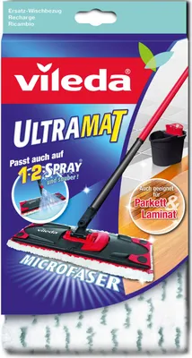 Packaging for a Vileda Ultramat mop refill, showing the product and its features.