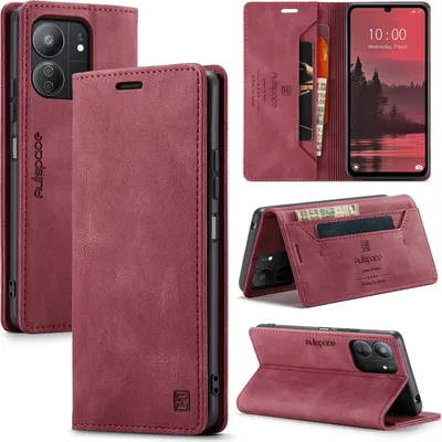 Produktbild von Redmi 13C Hülle, Retro Kunstledertasche Stand Schutzhülle für Xiaomi Redmi 13C/Poco C65 Rot