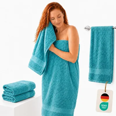 Produktbild von Komfortec 2er Set Duschtücher, 70x140cm Größe, Doppelpack, %100 Baumwolle, Handtücher, Frottee, Weich, Saugstark, Aqua