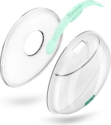Two clear silicone breast milk collection shells with a green textured strap.