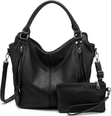 Obrázok produktu pre Realer dámska kabelka set čierna 2-dielna pravá koža shopper hobo taška cez rameno