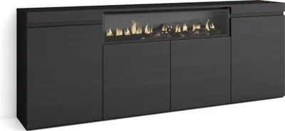 A modern black sideboard with a built-in electric fireplace.