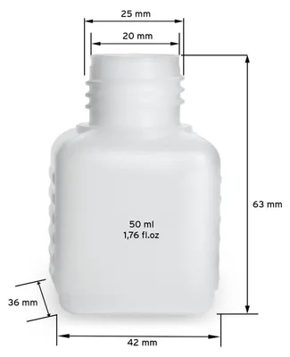 Produktbild von 10 Plastikflaschen 50 ml mit je zwei Deckeln in schwarz, blau, rot, gelb, grün (leer)