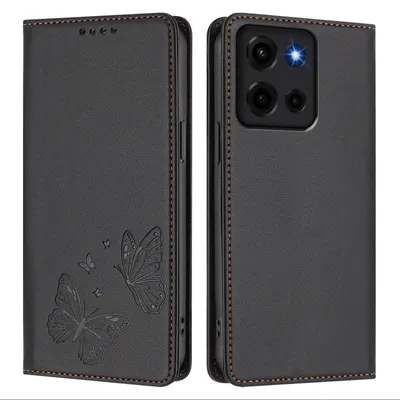 Obrázek produktu pro Kožené pouzdro pro Motorola Moto G 5G 2025, motýlí ražbou, peněženkové flip pouzdro se stojánkem Černá