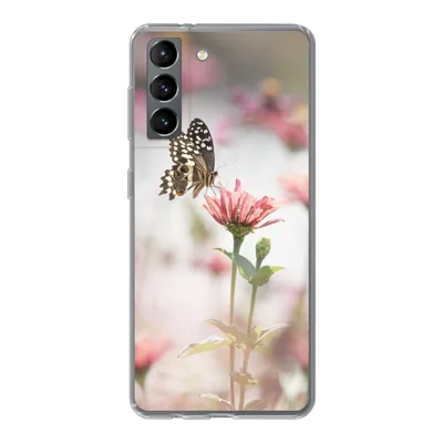 Produktbild von MuchoWow® Handyhülle Schutzhülle Hülle für Samsung Galaxy S21 Schmetterling - Blume - Rosa Silikon Softcase Handy Hülle - Softcase