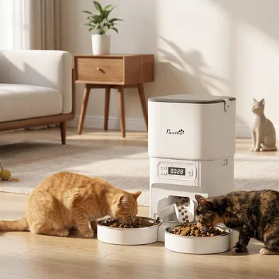 Produktbild von SUGIFT Katzenfutterspender automatisch, 2 Edelstahlnäpfe, Futterautomat Katze | 4 L | 1–6 Mahlzeiten täglich | Weiß