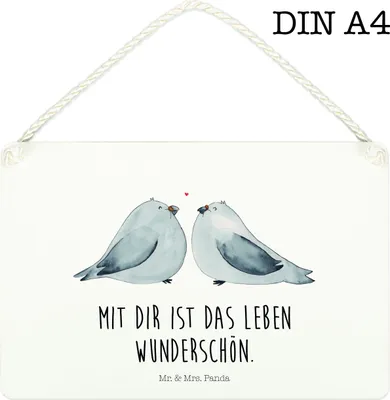 Produktbild von Mr. & Mrs. Panda Schild Turteltauben Liebe DIN A4 - Weiß - Geschenk, kleine aufmerksamkeit, Freundin, sprüche, Türschild, Holzschild, Hochzeitstag, holzbild, Freund