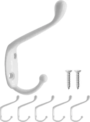 A set of white coat hooks with screws against a white background.