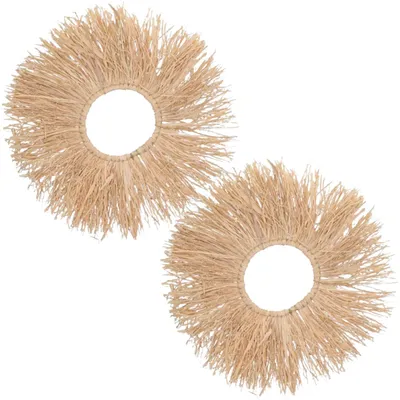 Produktbild von Raffia Wanddeko 2er Set Boho Ring 62 cm, runde Wandhänger aus Naturmaterial, große Natur Wanddeko für Wohnzimmer, Flur, Schlafzimmer, Ethno & Scandi Deko, Boho Rattan Optik Wandschmuck für Wohnzimmer