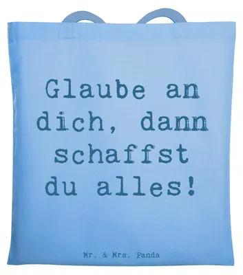 Produktbild von Mr. & Mrs. Panda Tragetasche Spruch Angst überwinden - Sky Blue - Geschenk, Selbstvertrauen, Zuversicht, Tote Bag, Motivation, Trost, Shopping Tasche, Schultasche