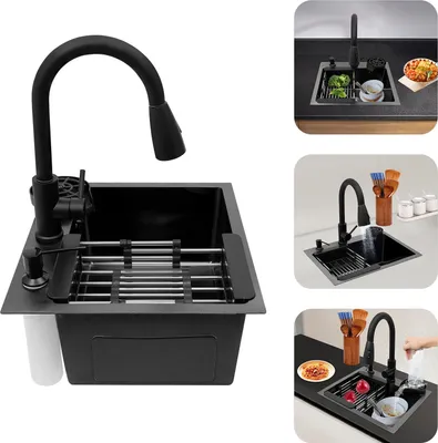 Produktbild von Spülen 45*40cm Küchenspüle mit ausziehbarem Wasserhahn Rechteckig Multifunktional Schwarz