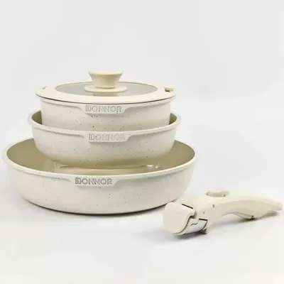 Image de Set de casseroles et poêles - 5 pièces - Revêtement antiadhésif en alliage d'aluminium - Avec couvercles - Résistant au four jusqu'à 280 °C - Lavable au lave-vaisselle - Compatible gaz et induction - Blanc