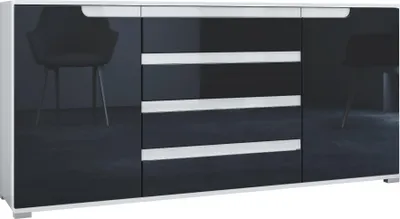 Produktbild von Vladon Sideboard Sylt V2, Kommode mit 2 Türen und 4 Schubladen, Korpus - Weiß matt / Front - Schwarz Hochglanz / Absetzung - Weiß Hochglanz (166,5 x 75,5 x 35 cm)