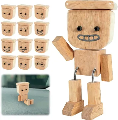 Produktbild von Wackelfigur aus Holz mit 12 magnetischen Gesichtsausdrücken, Holzmann für das Auto, Wackelfigur als Ornament für Armaturenbrett und Schreibtisch