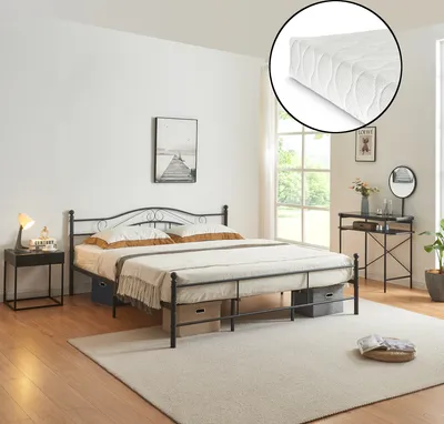Produktbild von Metallbett mit Matratze 180x200cm Schwarz Bett Bettgestell Doppelbett [en.casa]