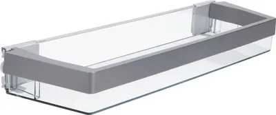A clear plastic and gray refrigerator door shelf.