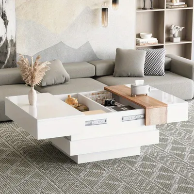 Produktbild von Moderner, weißer Couchtisch mit ausziehbarer Tischplatte und Stauraum, rechteckig und multifunktional