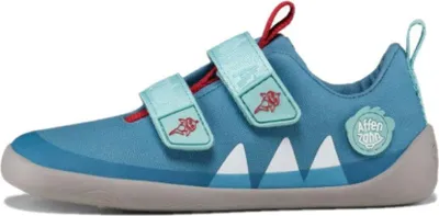 A side view of a blue children's shoe with two light blue velcro straps and a red pull tab.