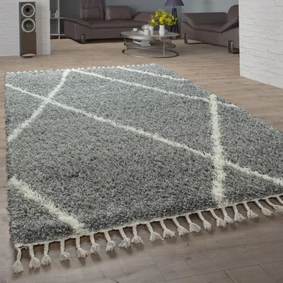 Immagine prodotto di Tappeto Shaggy per soggiorno, pelo lungo, motivo a rombi, design scandinavo, dimensioni 80x150 cm