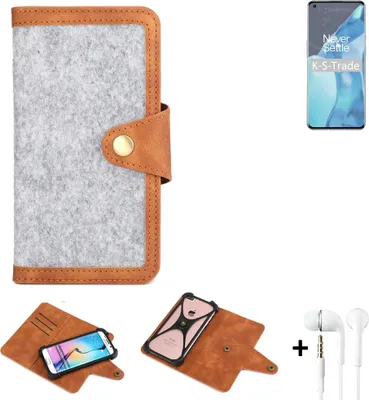 Produktbild von K-S-Trade Handyhülle + Kopfhörer kompatibel mit OnePlus 9 Pro Schutzhülle Filz Hülle Kunstleder hellgrau braun (1x)