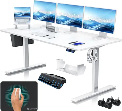 Produktbild von KESSER® Schreibtisch elektrisch & höhenverstellbar Computertisch Ergonomisch Stehen & Sitzen 3-Memory 360° Rollen USB-Ladeanschluss 180x80cm Weiß