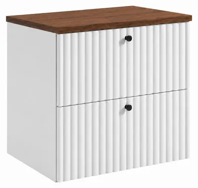 Obrázek produktu pro Závěsná skříňka do koupelny s deskou o rozměrech 60 cm, bílá + deska z ořechového dřeva, úchytky ve třech barvách, rozměry 60 x 44,4 x 58,6 cm, Obrázek vytvořený pomocí AI