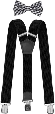 Produktbild von Fabio Farini - 1 Stück mit passender Fliege als Set 4cm Y-Form für Herren Pack Schwarz 4cm Hosenträger - Schwarz Weiß Kariert Fliege