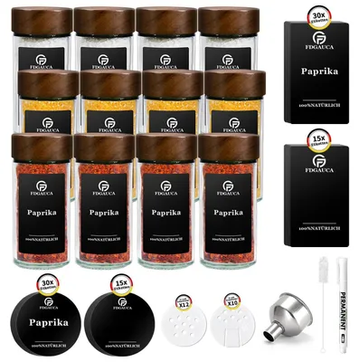 Obrázok produktu pre Súprava 12 sklenených nádobiek na korenie – 100 ml – okrúhle – viečko z akátového dreva – s etiketami – vhodné do umývačky riadu (bez viečka) – čokoládovo hnedá