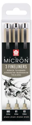 Obrázok produktu pre Sada períčkových fixiek Sakura Pigma Micron – 3 kusy – 0,2 mm – 0,25 mm – 0,3 mm – Vodeodolná, permanentná farba – Čierna