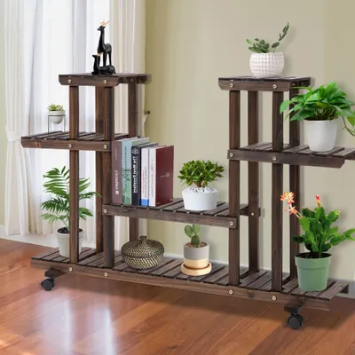 Obrázok produktu pre Polica na rastliny so 4 úrovňami | Farba: Karbonizovaná | Rozmery: 48,62 x 12,99 x 31,4 cm