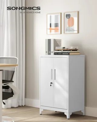 Produktbild von SONGMICS Aktenschrank, Mehrzweckschrank, Büroschrank mit 2 Türen, Schrank abschließbar, aus Stahl Mattweiß