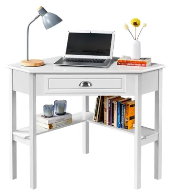 Produktbild von Eckschreibtisch Platzsparender Computertisch mit Schublade und Regalen für kleine Räume, 106 × 71,5 × 77 cm in Weiß