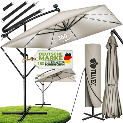 Immagine prodotto di Ombrellone rettangolare in alluminio tillvex® Ø 330 cm con illuminazione a LED solare color taupe + copertura con manovella | Ombrellone a braccio con base e paravento | Ombrellone da giardino con protezione UV, impermeabile, ruotabile a 360° | Ombrellone a manovella, ombrellone da mercato