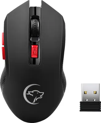 A black wireless gaming mouse and its USB receiver are shown against a white background.