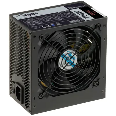 A black computer power supply unit (PSU) with a large fan on the front.