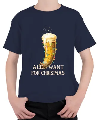 Produktbild von Ale I Want For Christmas Wikinger Trinkhorn Bier Geschenk lustig Kinder T-Shirt, Navy, 152