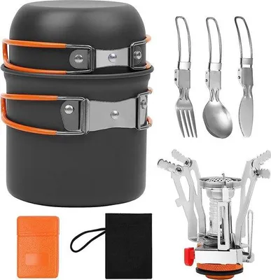 Produktbild von Unyqoos® Camping-Kochset mit Mini-Gaskocher, Besteck & klappbaren Töpfen für 1–2 Personen, tragbar, eloxiertes Aluminium & Edelstahl