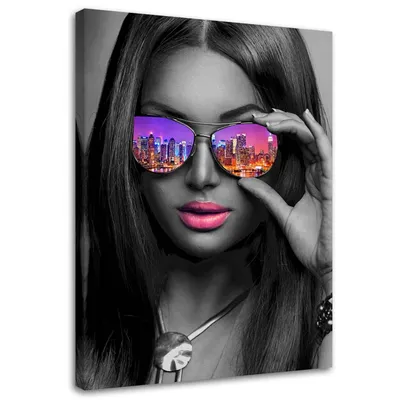 Produktbild von Leinwandbild pop art mädchen mit brille new york 70x100 cm Feeby lila wandbild bereit zum aufhängen